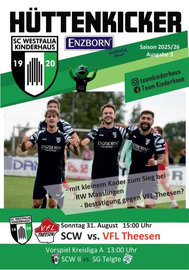 Ein Team von vier jungen Männern in dunklen Trikots posiert vor einem Fußballhintergrund. Über ihnen steht der Schriftzug HÜTTENKICKER.