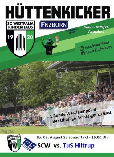 Ein Programmheft für ein Fußballspiel zwischen SC Westfalia Kinderhaus und TuS Hiltrup, das den Saisonauftakt markiert.