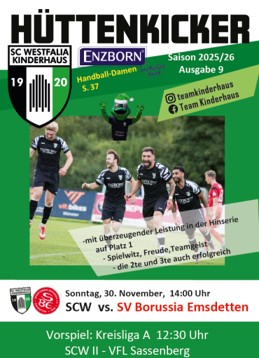 Sportprogramm und Flyer des Hüttenkickers mit Bildern von Spielern und bevorstehenden Spielterminen für SC Westfalia Kinderhaus.