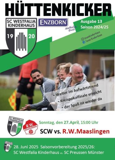 Eine Sportzeitung mit Schlagzeilen zu Fußballspielen von SC Westfalia Kinderhaus gegen Erzgebirge Enzborn und SC Westfalia Kinderhaus gegen R.W. Maasl
