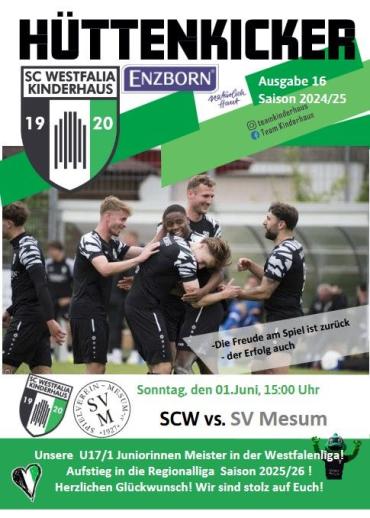 Die Seite eines lokalen Sportmagazins des SC Westfalia Kinderhaus mit Fotos von Fußballspielern und Ankündigungen für kommende Spiele und Erfolge.