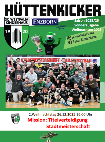 Cover eines Fußballmagazins mit dem Titel Hüttenkicker, das das SC Westfalia Kinderhaus und Enzborn bewirbt.