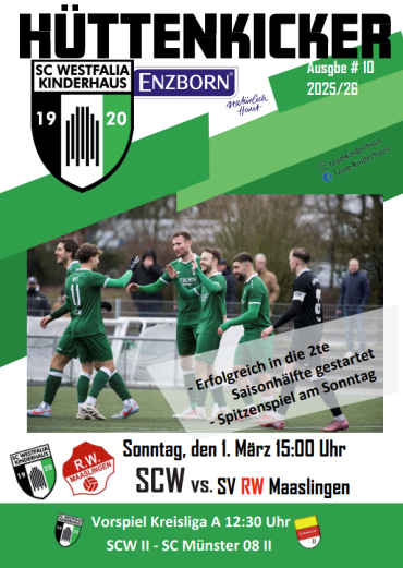 Sportprogramm des SC Westfalia Kinderhaus Enzborn mit Spielerfoto und Terminankündigungen.
