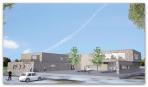 Architektur-Visualisierung eines modernen, eingeschossigen Gebäudekomplexes mit begrüntem Vorplatz.