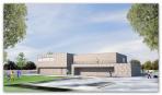 Architektonische Visualisierung eines modernen Gebäudes mit Sportfeld und umgebender Vegetation.