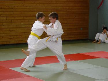 Zwei junge Jungen in weißen Kampfkleidern üben eine martialistische Technik in einem Dojo.
