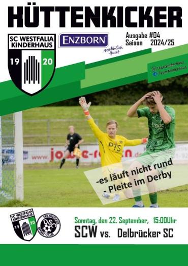 Sportplakat, das die Spielankündigung des SC Westfalia Enzborn gegen Delbrücker SC bewirbt, mit Spielern auf einem Fußballfeld.