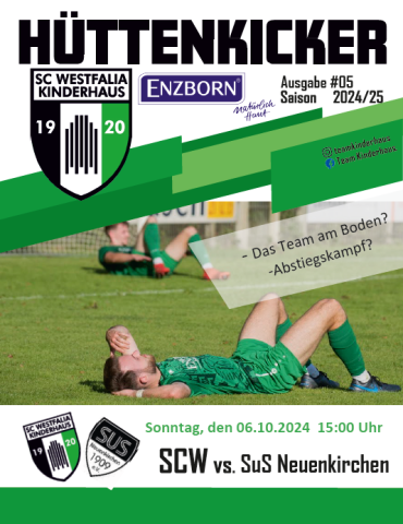 Spielplakat für ein Fußballspiel zwischen SC Westfalia Kinderhaus und SuS Neuenkirchen mit einem Spieler auf dem grünen Rasen im Hintergrund.