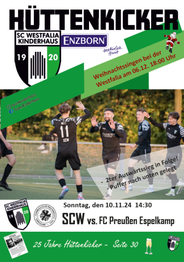 Fußballprogramm des Vereins SC Westfalia Kinderhaus Enzborn mit Informationen zu bevorstehenden Spielen und Weihnachtsveranstaltungen.