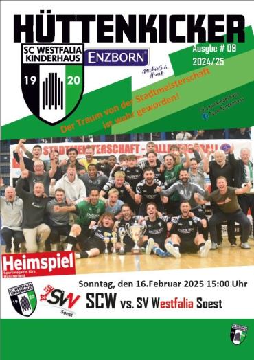 Ein Fußball-Flyer des HÜTTENKICKERS, der ein Spiel zwischen SC Westfalia Kinderhaus und SV Westfalia Soest ankündigt.