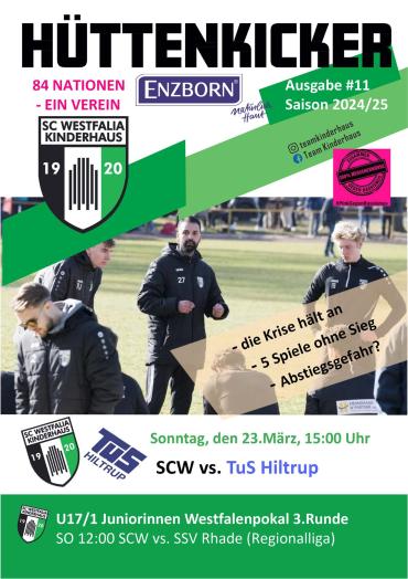 Ein Sportmagazin mit einem Fußballspielposter, das ein Spiel zwischen SC Westfalia Kinderhaus und TuS Hiltrup ankündigt.