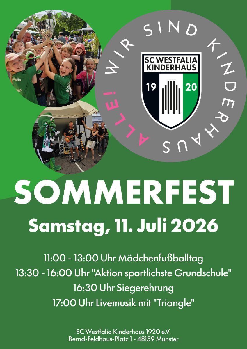 Ein Plakat für ein Sommerfest des SC Westfalia Kinderhaus mit einem Programmablauf und Datum.