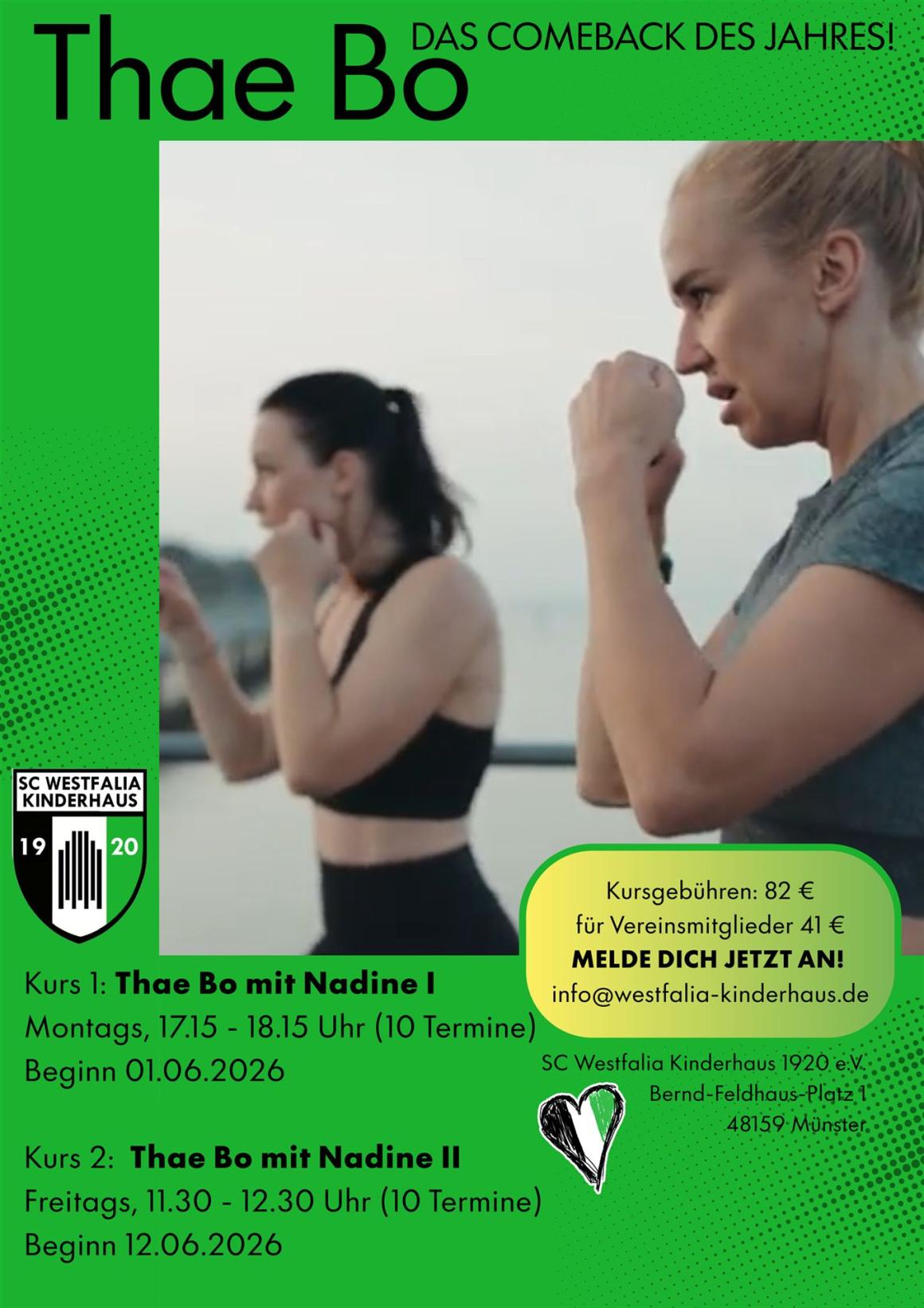 Werbung für einen dynamischen Thae Bo Kurs, bei dem Mann und Frau Box- und Kickboxing-Posen einnehmen.